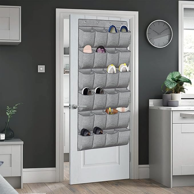 Over the Door Shoe Organizer,Hanging Shoe Rack Storage Holder with 24 Extra Large Fabric Pockets for Closet,Men Sneakers,Women High Heeled Shoes,Slippers,Grey 61.4''x22''-NeatNest