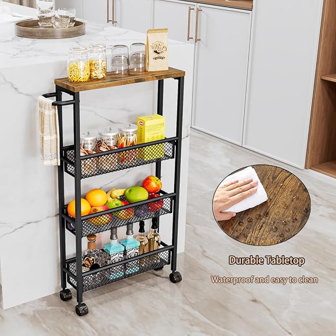Slim Rolling Cart 4 Tier Narrow Storage Cart on Wheels with MDF Board Top and Metal Handle for Small Space Kitchen Living Room Home Office Pantry Bathroom Laundry Room(16.54×5.12×30.31 inch)