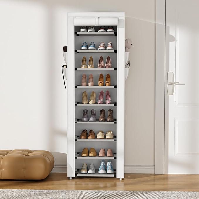 Shoe Rack with Cover Narrow Shoe Rack Organizer with 4 Side Pockets 10 Tier Tall Shoe Storage Shoe Shelf Holds 18-22 Pairs Shoes and Boots Shoe Rack for Closet, White-NeatNest