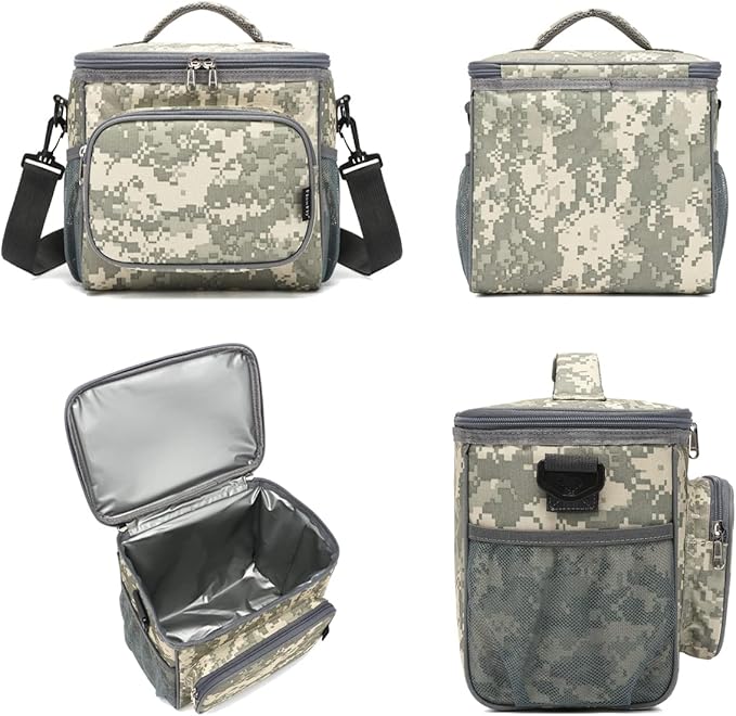 FlowFly Insulated Reusable Lunch Bag Adult Large Lunch Box for Women and Men with Adjustable Shoulder Strap,Front Zipper Pocket and Dual Large Mesh Side Pockets,DigitalCamo-NeatNest