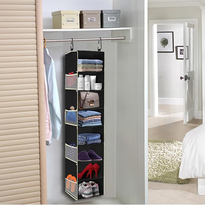 2 Pack Large-Sized Hanging Shoe Organizer 8-Shelf, Hanging Closet Organizer with 8 Side Pockets, Wider Hanging Shelves for Storage Shoes Clothes 9" W × 11.8" D× 48" H, Black.-NeatNest