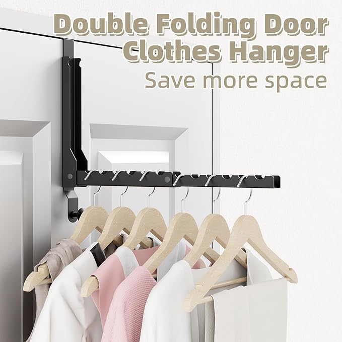 Over The Door Hangers, Over Door Hooks for Hanging, Small Space Dual Folding Portable Extra Long Over Door Clothes Hanger for Clothes, Hats, Bags and Towels (1Pack,Black(Update))