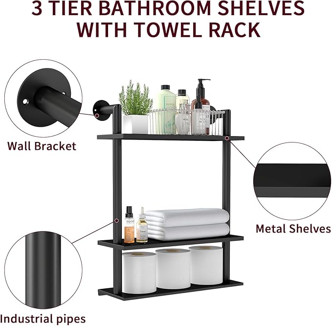 Floating Shelves, Wall Mounted Metal Floating Shelves Black with Frame and Towel Rack for Bathroom, Living Room, Bedroom, Kitchen