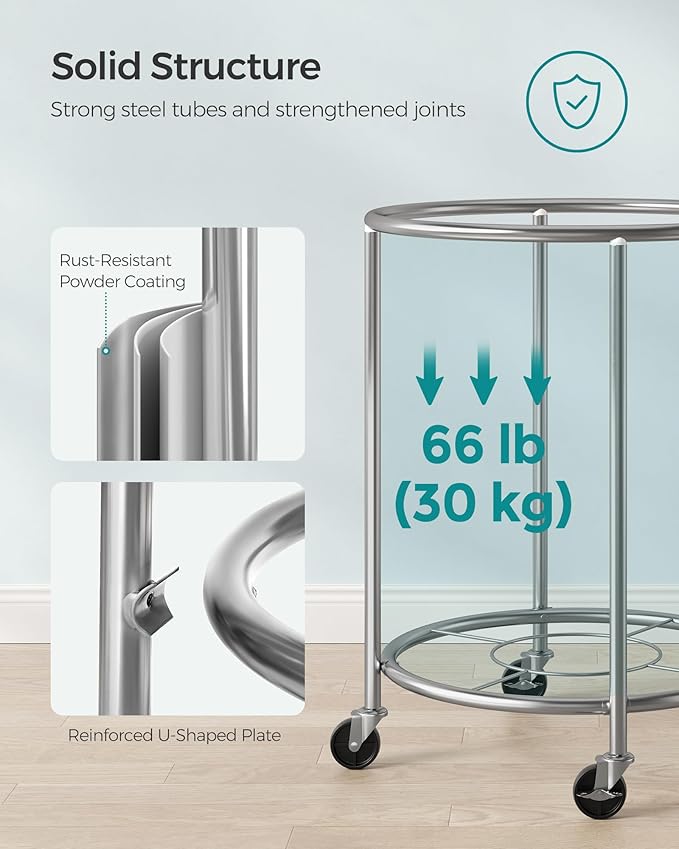 SONGMICS Laundry Basket with Wheels, Rolling Round Laundry Hamper Cart, 45 Gal. with Steel Frame and Removable Bag, 4 Casters and 2 Brakes, Mint Green and Metallic Silver URLS001C01