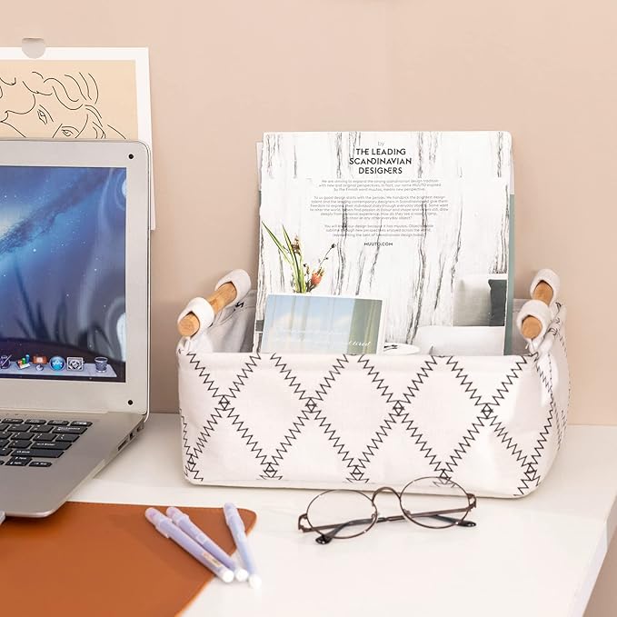 Decorative Collapsible Rectangular Fabric Storage Bin Organizer Basket with Wooden Handles for Clothes Storage, 11"×7.1"×3.9", White-NeatNest