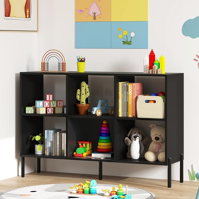 6 Cube Bookcase, Wood Storage Organizer with 5 Metal Legs, Bookshelf with Storage, Cubical Storage Shelf, Wooden Book Shelf, Display Shelves for Bedroom, Living Room, Entryway (Black)