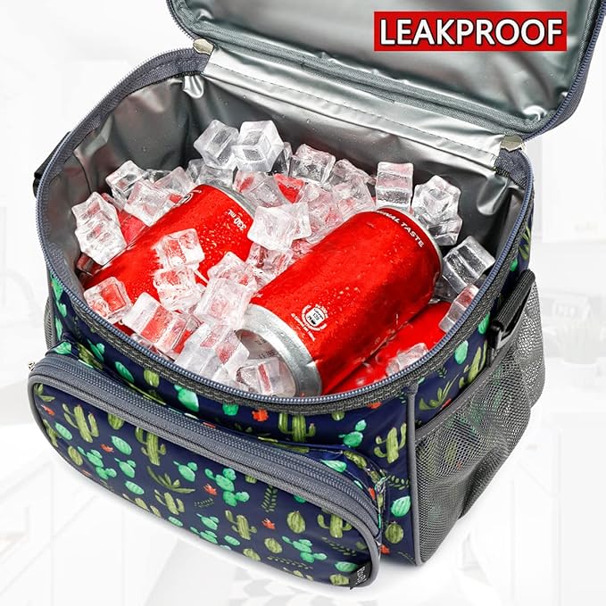 FlowFly Insulated Reusable Lunch Bag Adult Large Lunch Box for Women and Men with Adjustable Shoulder Strap,Front Zipper Pocket and Dual Large Mesh Side Pockets,Cactus-NeatNest