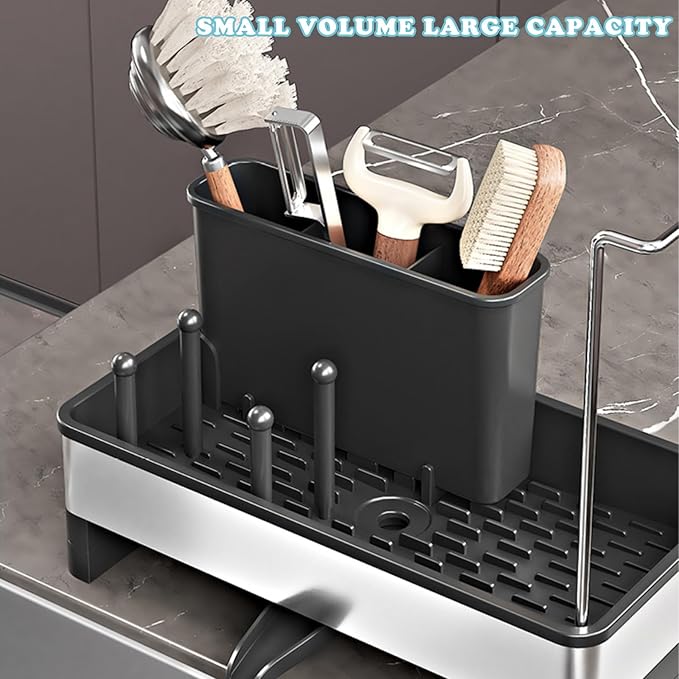 Sponge Holder for Kitchen Sink,Sink Caddy Organizer with Removable Brush Holder,Kitchen Countertop Soap Dispenser Storage with Detachable Towel Rack,Black-NeatNest