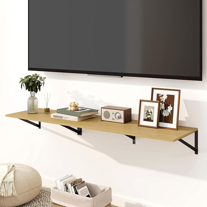 Fun Memories Floating Shelves for Wall, 12 Inch Deep Floating Shelves Set of 2, 16W x 12D Large Wall Shelf with Sturdy Metal Brackets for Living Room, Bathroom, Bedroom and Kitchen, Oak-NeatNest