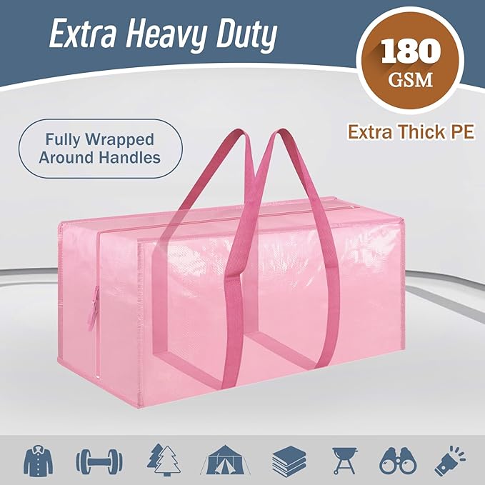 12 Pack Extra Heavy Duty Large Moving Bags with Strong Zipper & Comfortable Handles, Sturdy & Durable Clothes Storage Bags Totes Bins, Packing Moving Boxes for College Supplies, Pink-NeatNest