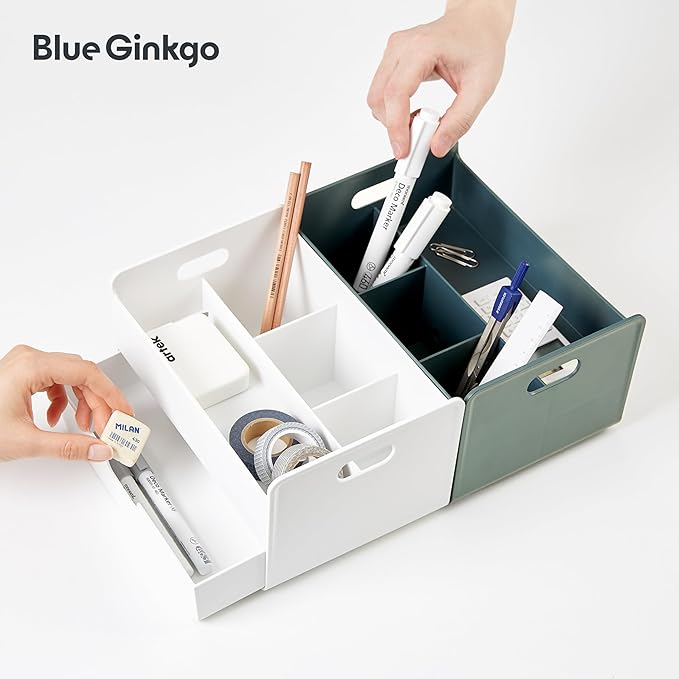 BLUE GINKGO Portable Desk Organizer – Compact 3 Compartment, Half-drawer Storage – Pen Holder, Stationery Desktop Organizer for Office, Makeup, Crafts (Made in Korea, Green)-NeatNest