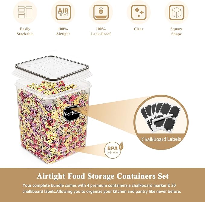 Wildone Large Food Storage Containers 5.2L /175oz, 4 Piece BPA Free Plastic Airtight Food Storage Containers for Flour, Sugar, Baking Supplies, Kitchen & Pantry Containers with 20 Labels