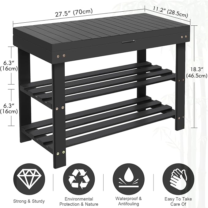 BAMBUROBA Shoe Rack Bench for Entryway,3-Tier Bamboo Small Bench with Storage Drawer,Shoe Shelf Organizer Indoor Outdoor Use,Black