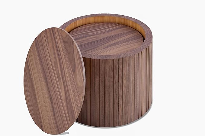 kevinplus Walnut Coffee Table Nesting Tables Set of 2 for Living Room, Modern Circle Drum Wood Small Coffee Table with Storage Contemporary Side Table End Table with Moveable Lid, Walnut