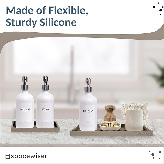 Countertop and Vanity Tray - 2 PC (11” and 7”) Shatterproof Silicone Kitchen and Bathroom Trays for Counter, Kitchen Soap Dispenser Tray, Vanity Trays for Bathroom, Perfume Key Tray-NeatNest