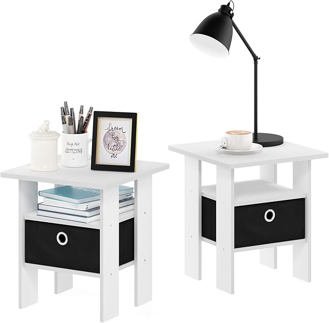 Furinno Andrey Set of 2 End Side Night Stand/Bedside Table with Bin Drawer, 2-Pack, White/Black