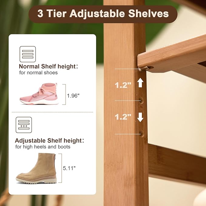 47.2 in Shoe Rack Bench with Cushion, 3 Tier Bamboo Entryway Bench with Storage for Entryway, Hallway, Bedroom, Living Room-NeatNest