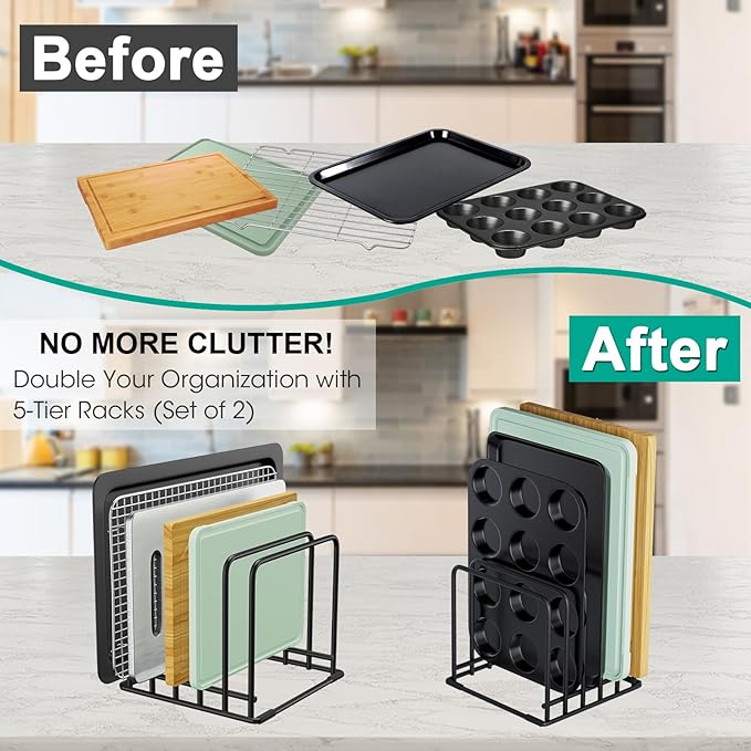 2-Pack Dish Rack & Cutting Board Organizer – 5-Tier Metal Rack for Cutting Boards, Bakeware, Trays – Space-Saving Kitchen Storage, Rust-Resistant Dish Organizer for Cabinets, Countertops & Pantry