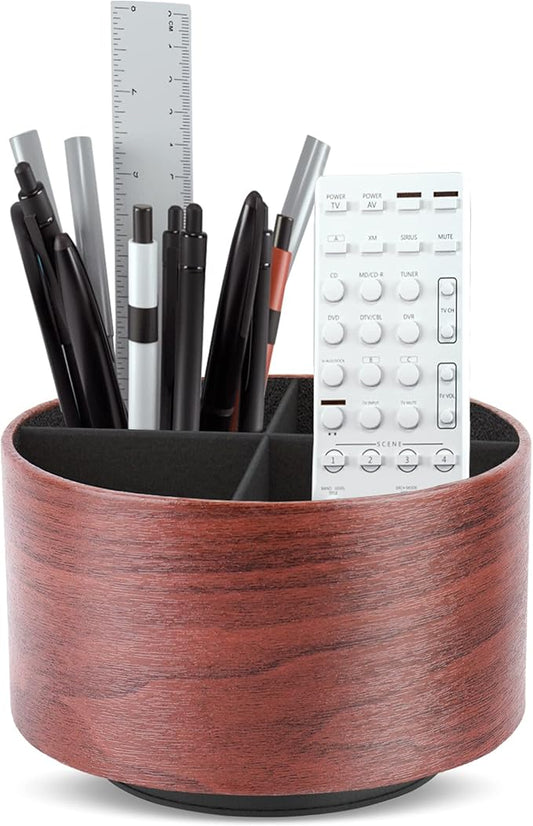 Hennaja Round Leather Art Supply Organizer,Remote Control Holder,360 Degree Spinning,Multi-Functional Pencil Holder,4 Compartments Desktop Stationary Organizer(1-Light Brown2)-NeatNest