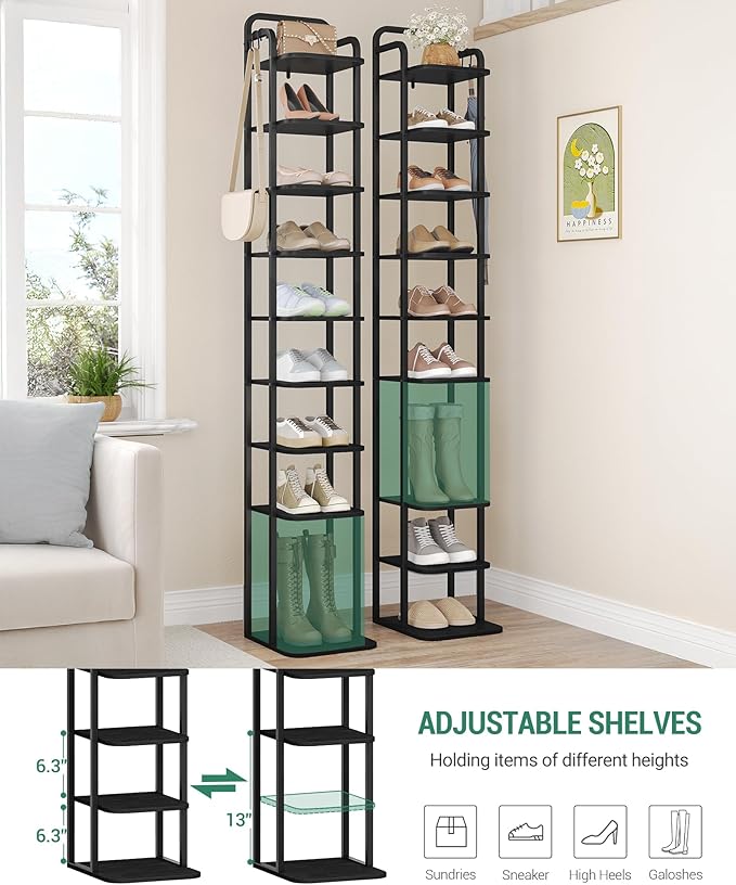 Vertical Shoe Rack, Shoe Shelves, Wood Shoe Organizer for Closet, Entryway, Shoe Tower for Small Spaces, Free Standing, Adjustable, with 2 Hooks, 10 Tier Black SR11204B-NeatNest