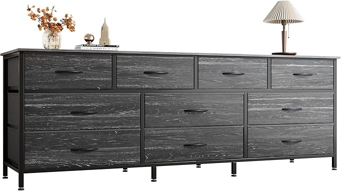 Huuger 63 Inch Dresser for Bedroom, Long Dresser with 10 Fabric Drawers, Large TV Stand for 55, 65, 70 Inch TV, Toy Storage Organizer for Closet, Charcoal Black Wood Grain Print-NeatNest
