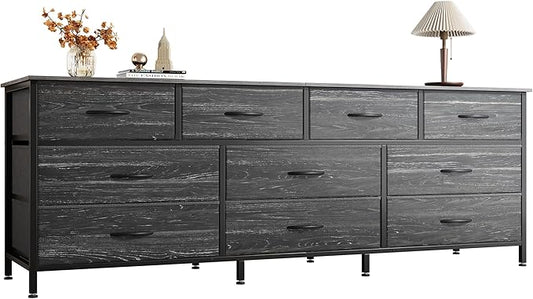 Huuger 63 Inch Dresser for Bedroom, Long Dresser with 10 Fabric Drawers, Large TV Stand for 55, 65, 70 Inch TV, Toy Storage Organizer for Closet, Charcoal Black Wood Grain Print-NeatNest