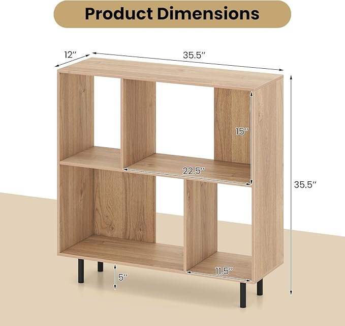 4 Cube Bookcase, Wood Storage Organizer with 4 Metal Legs, Bookshelf with Storage, Cubical Storage Shelf, Wooden Book Shelf, Display Shelves for Bedroom, Living Room, Entryway