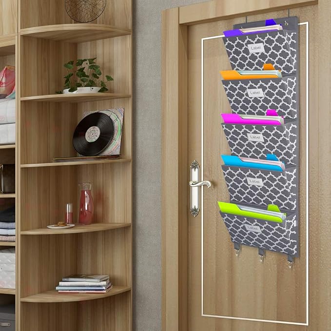homyfort Over the Door File Organizer, Hanging File Folders, Wall Organizers and Storage for Mail, Magazine, Notebooks, Planners, Office, Classroom, 5 Extra Large Pockets (Grey Lantern Pattern)-NeatNest