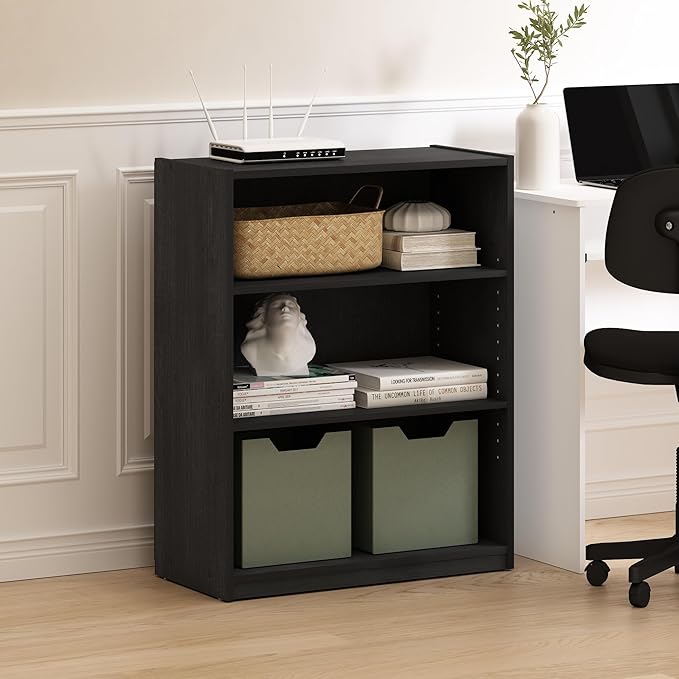 Furinno Gehry 3-Tier Bookcase, Bookshelf with Adjustable Shelves, Blackwood
