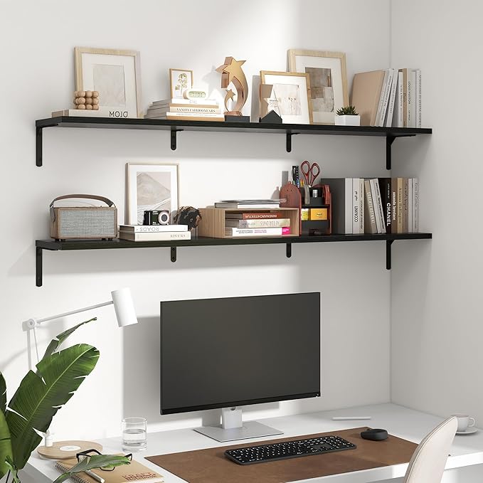 Fun Memories Deep Floating Shelves, 55W x 8D Floating Shelves Set of 2, Wall Mounted Shelf with Metal Brackets, Rustic Wood Wall Shelf for Bathroom, Kitchen and Living Room, Black-NeatNest
