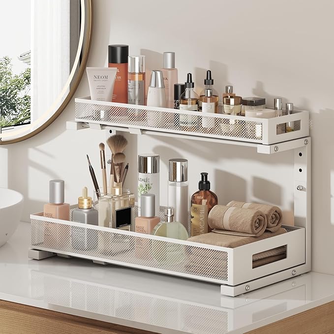2 Pack 19IN Depth Under Sink Storage Organizer, Large 2-Tier Elegant Mesh Pull Out Shelf for Kitchen and Bathroom Cabinet Organization, L-Shaped and Adjustable Height Design-White-NeatNest