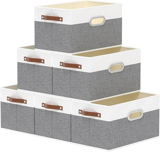 Yawinhe Fabric Storage Baskets, Foldable Closet Organizer for Shelves, Large Boxes with 3 Handles, Canvas Bins for Clothes, White/Grey, 12.99''Lx9.05''Wx7.87''H, 6-Pack-NeatNest