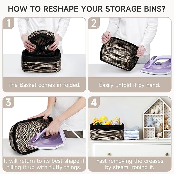 3-Pack Shelf Baskets for Organizing, Closet Organizer Bins, Small Woven Baskets, Rope Toy Basket, Storage Basket for Shelves, Cube Decorative Box, 11.5×7.5×4.7”, Black Brown-NeatNest