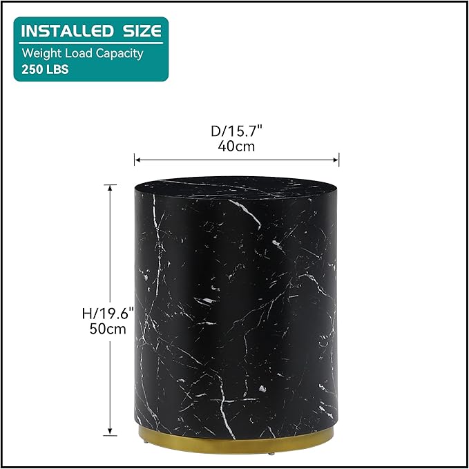kevinplus Black Side Table End Table for Living Room, Faux Marble Grain, Black & Gold (ø15.7'' x 19.6'')