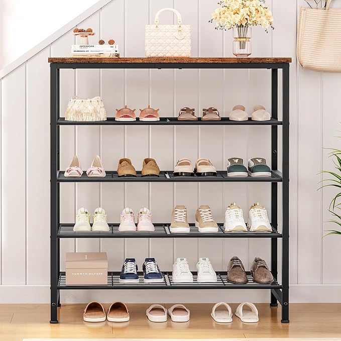 usikey 5-Tier Shoe Rack, Industrial Shoe Storage Organizer for 12-16 Pairs of Shoes, Metal Shoe Shelf with Wooden Top, Shoe Stand with 3 Metal Shelves for Entryway, Hallway, Closet, Rustic Brown-NeatNest