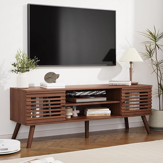 53" Mid Century Modern TV Stand for 50/55/60 inch TV, TV Media Console with Slatted Doors for TVs up to 60", Entertainment Center with Storage for Living Room, Bedroom, Walnut-NeatNest