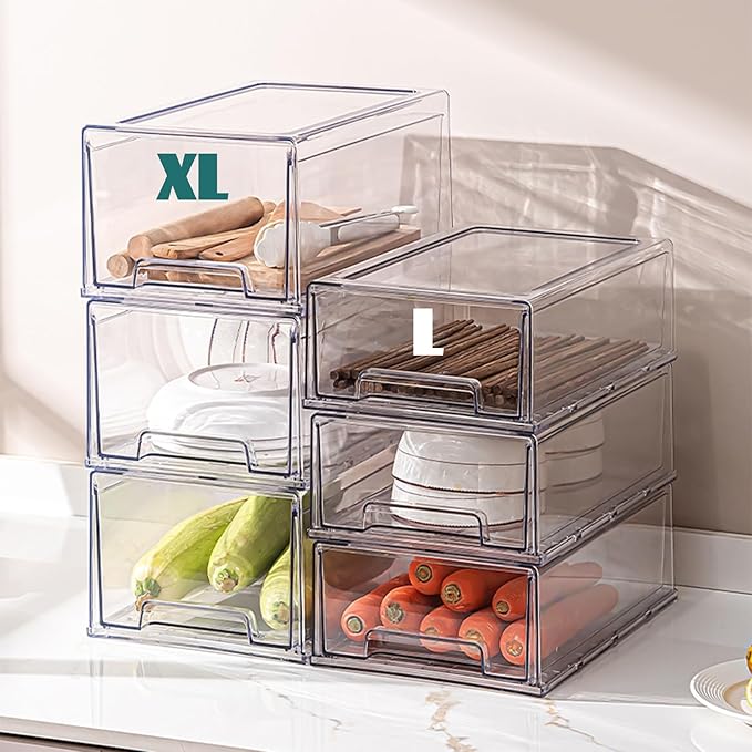 PeJeyiee Clear Stackable Refrigerator Organizers and Storage Drawers - Pull-Out Fridge Bins with Anti-Slip Base & Easy Clean, Plastic Organizers for Kitchen Pantry Cabinet Closet ﻿ (2XL)-NeatNest