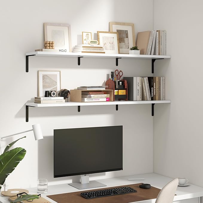 Fun Memories Deep Floating Shelves, 48W x 8D Floating Shelves Set of 2, Wall Mounted Shelf with Metal Brackets, Rustic Wood Wall Shelf for Bathroom, Kitchen and Living Room, White-NeatNest