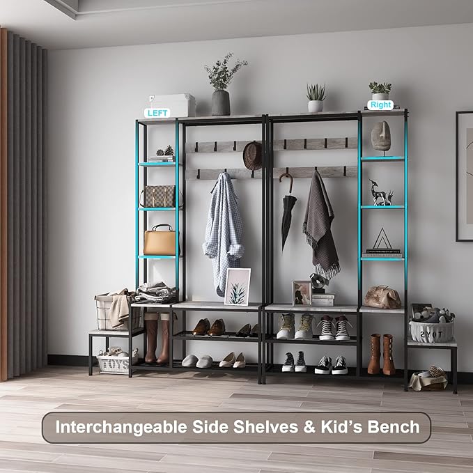 Hall Tree with Shoe Storage Bench Coat Rack with 7 Hooks Interchangeable 4 Tier Side Storage Shelves Small Cute Side Bench Industrial 5-in-1 Entryway Coat Rack for Hallway Mudroom Bedroom