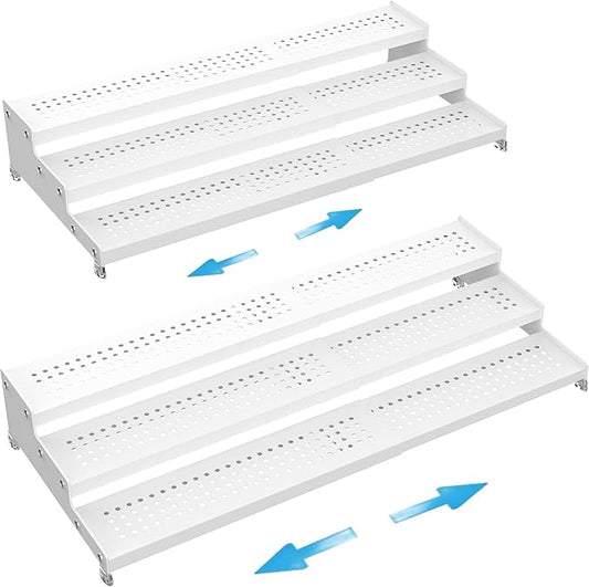Expandable Spice Rack organizer with 3-Tier step shelf,Modern Design heavy duty,Non Skid and Visibility ,Great for Kitchen Cabinet,Bathroom,dressing table,Cupboard, Pantry and more(2PACKS/WHITE)-NeatNest