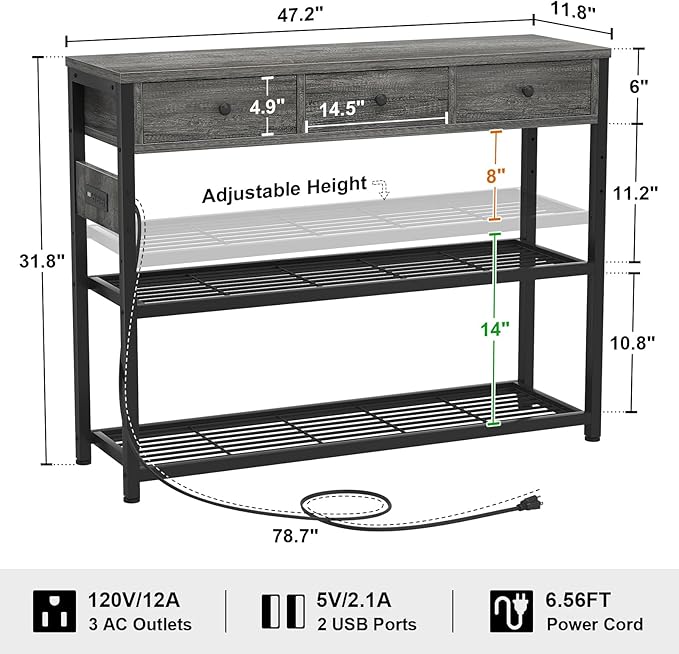 Ecoprsio 47'' Entryway Table with Outlets and USB Ports, Console Table with 3 Drawers, Sofa Table Narrow Long with Storage Shelves for Living Room, Couch, Hallway, Foyer, Kitchen Counter, Grey-NeatNest