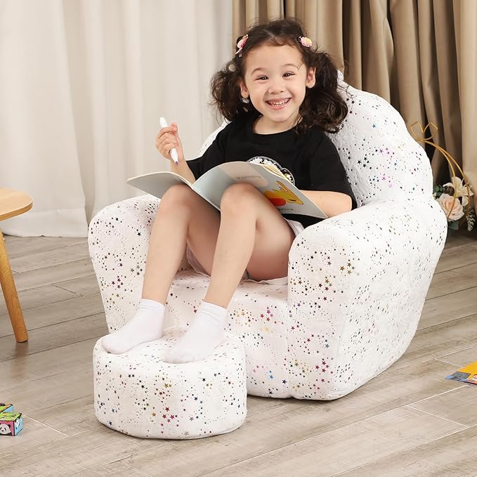 Kids Sofa with Ottoman, Shell-Like Sofa for Boys and Girls, White with Shinny-NeatNest