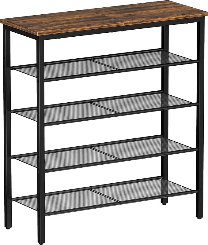Shoe Rack, 5-Tier Shoe Storage Organizer with 4 Metal Mesh Shelves for 15-20 Pairs, Free Standing Shoe Racks, for Entryway, Hallway, Closet, Dorm Room, Industrial, Rustic Brown-NeatNest