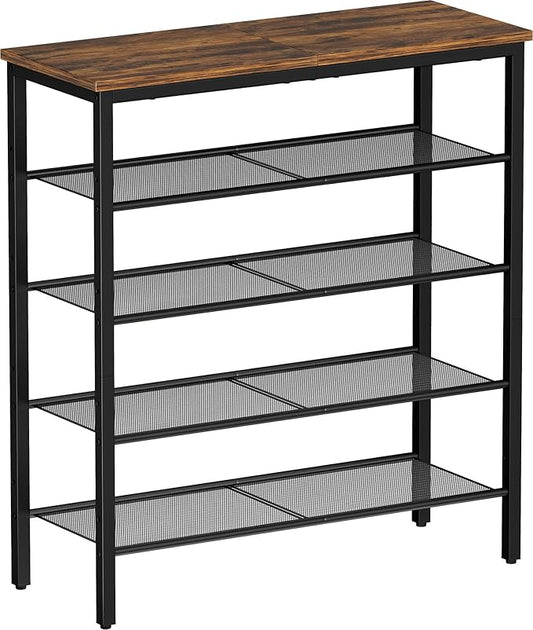 Shoe Rack, 5-Tier Shoe Storage Organizer with 4 Metal Mesh Shelves for 15-20 Pairs, Free Standing Shoe Racks, for Entryway, Hallway, Closet, Dorm Room, Industrial, Rustic Brown-NeatNest