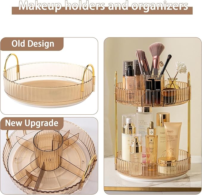 Rotating Makeup Organizer for Vanity, High-Capacity Skincare Clear Make Up Storage Perfume Organizers Cosmetic Dresser Organizer Countertop 360 Spinning (Gold, New-2 Tier)-NeatNest