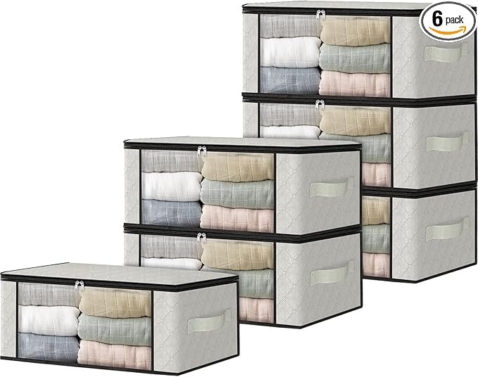 HomeHacks Storage 6-Pack Clothes Organizer Storage Bags Foldable Storage Box with Large Clear Window Sturdy Handles for Closet, Dorm, Pillows, Bedding, Clothes, Blankets, 35L, Ivory-NeatNest