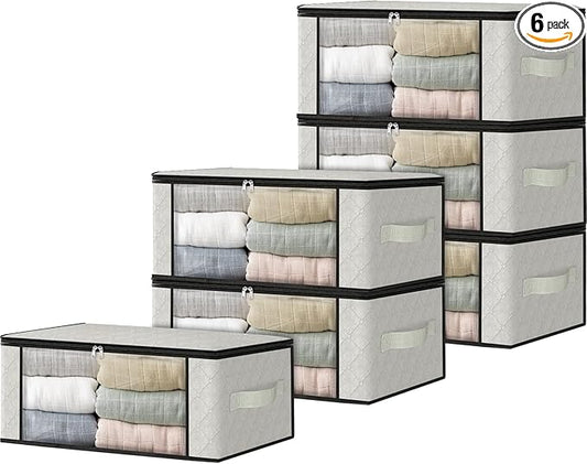 HomeHacks Storage 6-Pack Clothes Organizer Storage Bags Foldable Storage Box with Large Clear Window Sturdy Handles for Closet, Dorm, Pillows, Bedding, Clothes, Blankets, 35L, Ivory-NeatNest