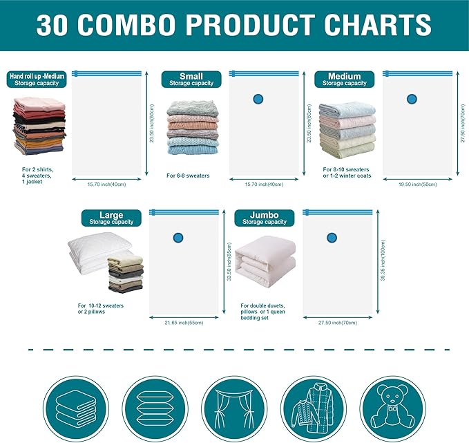 30 Pack Vacuum Storage Bags, Space Saver Vacuum Storage Bags, Vacuum Seal Bags for Clothing, Clothes, Comforters and Blankets, Hand Pump Included-NeatNest