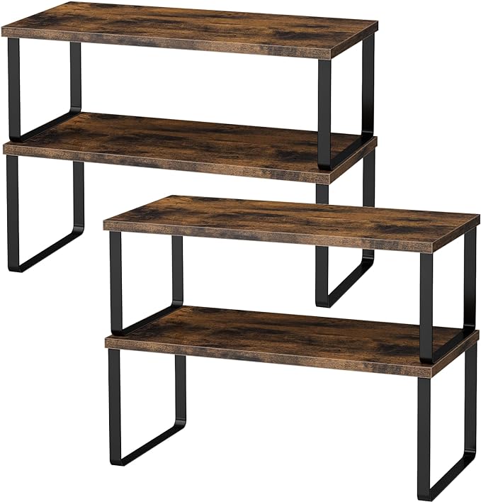 Cabinet Shelf Organizers, 15.7 inches Large Kitchen Counter Shelf, Set of 4 Wood Kitchen Pantry Organizer, Storage Shelves for Countertop, Spice Rack, Stackable, Expandable, Metal Black, Brown-NeatNest