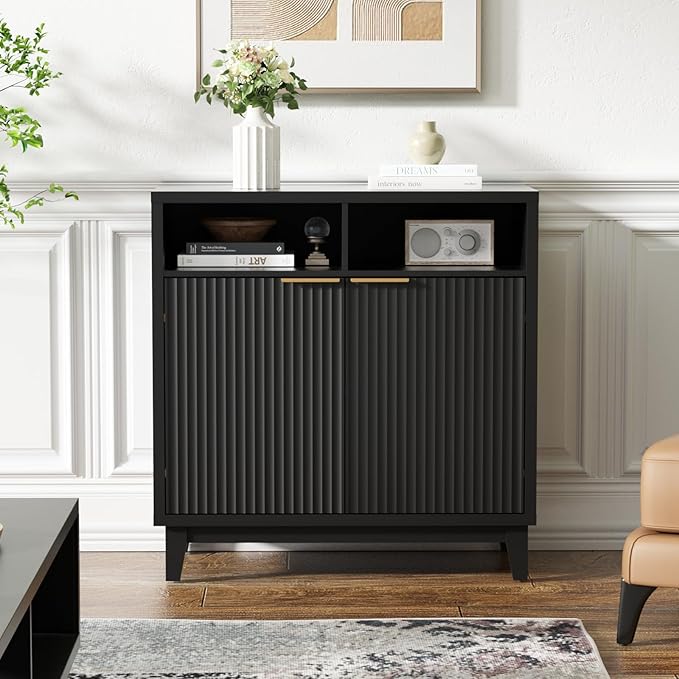 Buffet Cabinet with Storage - Elegant Fluted Storage Cabinet with Adjustable Shelves and Solid Wood Leg, Modern Buffet Sideboard for Living Room, Dining Room, Entryway-NeatNest